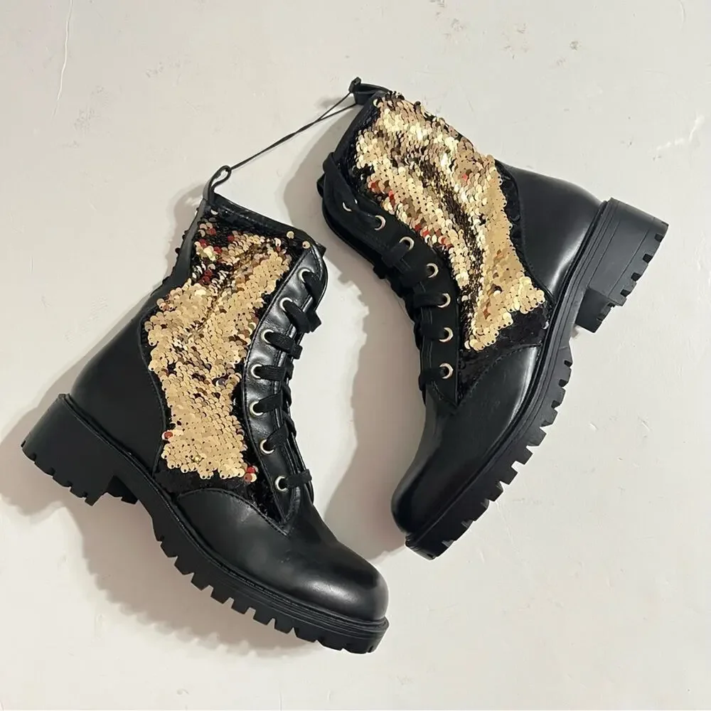 Zara Black Leather Sequined Lace Up Boots Size 6 US